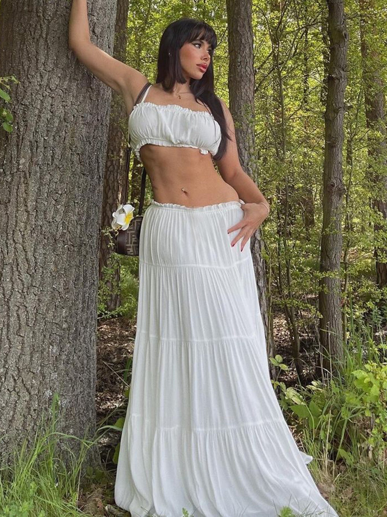 Verão 2026 Amazon Transfronteiriço Novo Conjunto de Moda Saia Longa Estilo Férias Sexy Sem Alças Finas de Cor Sólida