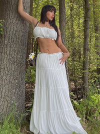 Verão 2026 Amazon Transfronteiriço Novo Conjunto de Moda Saia Longa Estilo Férias Sexy Sem Alças Finas de Cor Sólida