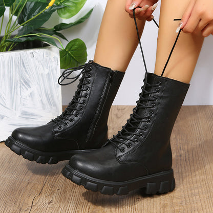 Comércio Estrangeiro Botas de Mulher Plus Size 2025 Outono/Inverno Novas Botas de Salto Grosso com Ponta Redonda com Ponta Grossa de Salto Baixo Martin Botas de Mota Feminina Tornozeleira