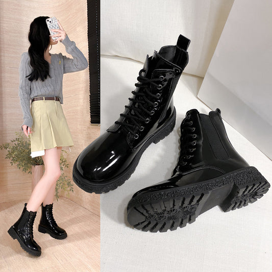 Botas femininas: Botas de salto redondo com salto redondo de salto médio, sapatos femininos em couro verniz coreano de outono 2025, botas Martin confortáveis