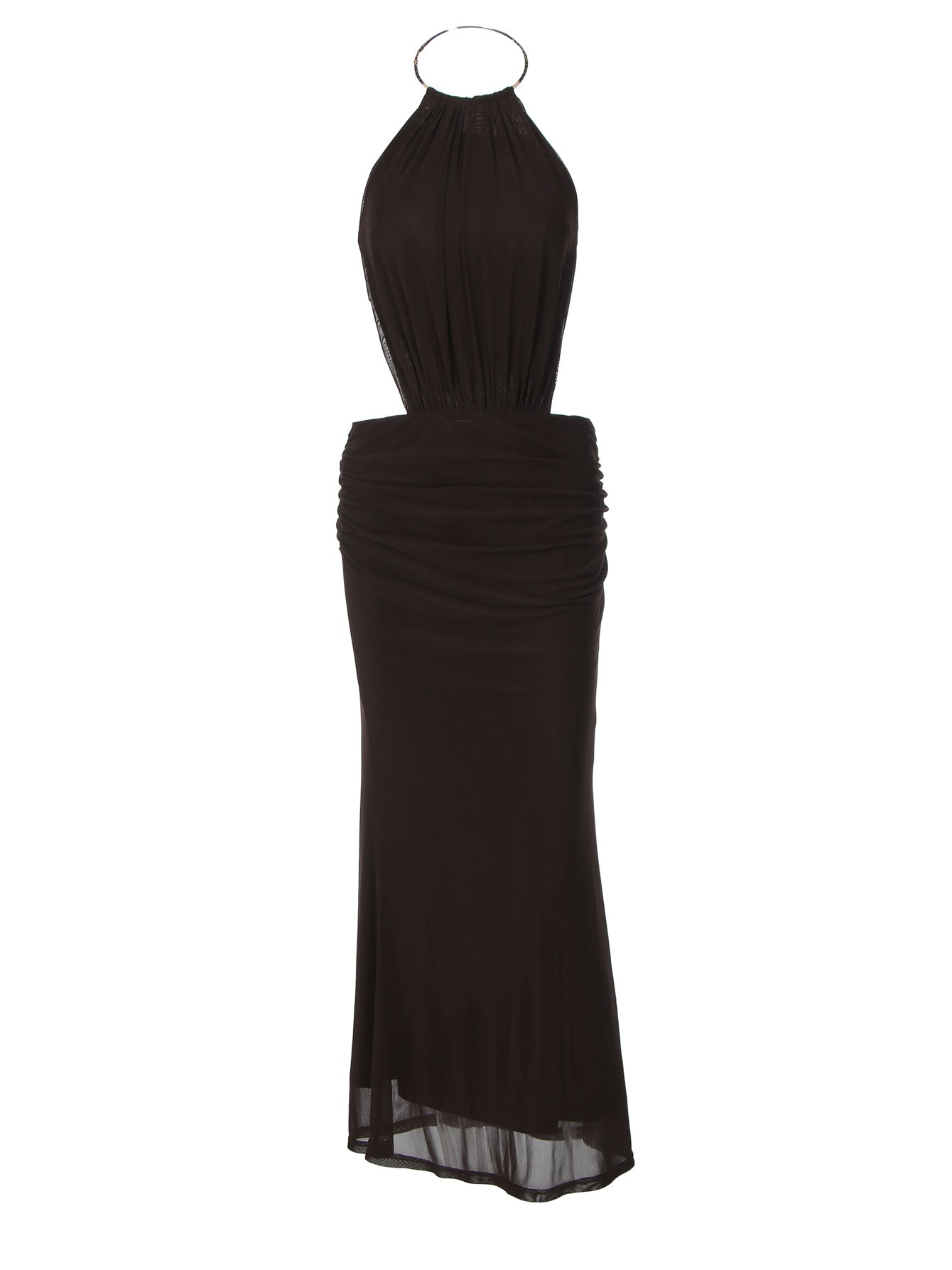 Amazon Novo Vestido Feminino Feminino de Metal com Anel Metálico, Gola Halter, Sexy Sem Costas, Dropshipping de Vestido Longo que Envolve a Anca