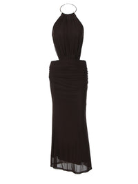 Amazon Novo Vestido Feminino Feminino de Metal com Anel Metálico, Gola Halter, Sexy Sem Costas, Dropshipping de Vestido Longo que Envolve a Anca