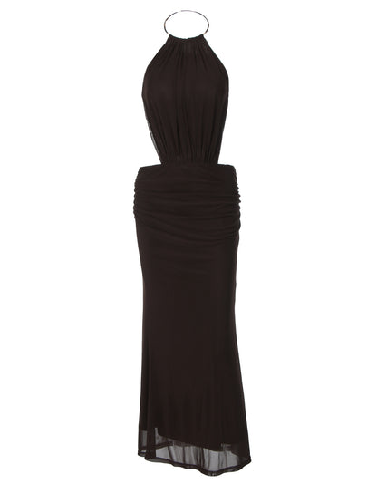 Amazon Novo Vestido Feminino Feminino de Metal com Anel Metálico, Gola Halter, Sexy Sem Costas, Dropshipping de Vestido Longo que Envolve a Anca