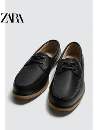 Sapatos masculinos ZARA Primavera/Verão 2026, cabedal em couro liso, bico redondo, estilo náutico, 2438720 800