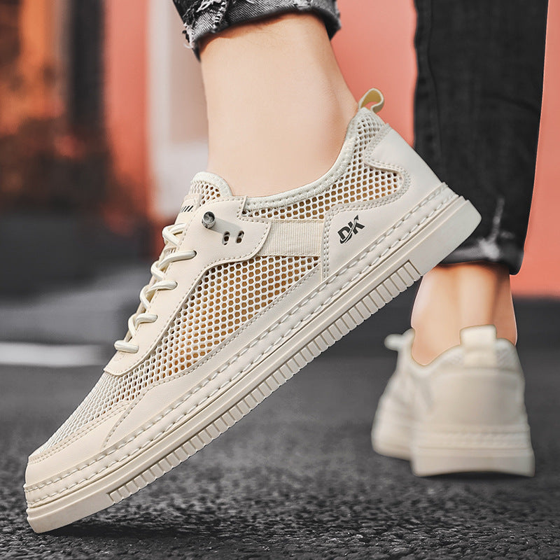 Sapatos masculinos: sapatos desportivos casuais de malha fina e respiráveis de verão, sapatos de malha oca de um passo para adolescentes, sapatos pequenos de quadro branco, sapatos modernos