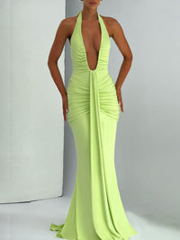 Vestido atravessado de vendas novas na Europa e América, vestido sexy de decote oco, decote oco, sem costas, fino, plissado, com alças remendadas e alças para mulheres