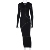 Vestido americano de verão transfronteiriço novo vestido slim streetstyle, de manga comprida, com capuz de cor sólida e de bainha invertida, ajustado às ancas para mulheres