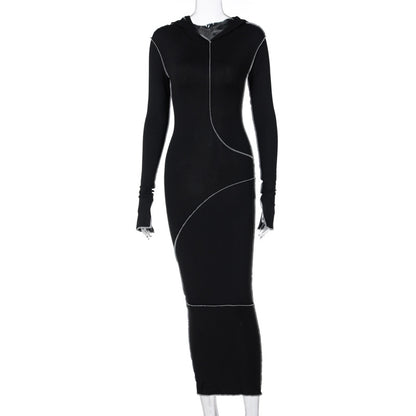 Vestido americano de verão transfronteiriço novo vestido slim streetstyle, de manga comprida, com capuz de cor sólida e de bainha invertida, ajustado às ancas para mulheres