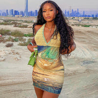 Comércio Externo Europeu e Americano 2026 Verão 2026 Novo vestido sexy de retalhos estampados em tricô com decote halter profundo em V e decote justo à anca para mulheres