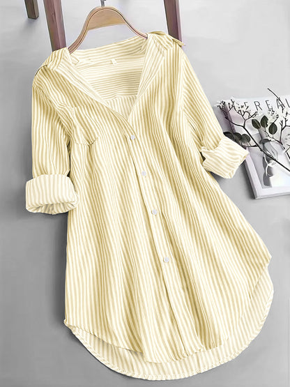 Nova exportação da Amazon, roupa feminina europeia e americana, camisa clássica às riscas, camisa casual larga de manga comprida com riscas