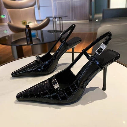 Novas sandálias de salto alto com bico pontiagudo e padrão europeu e americano para mulheres, salto agulha, sapatos elegantes de costas sem costas fechadas, estilo europeu e americano