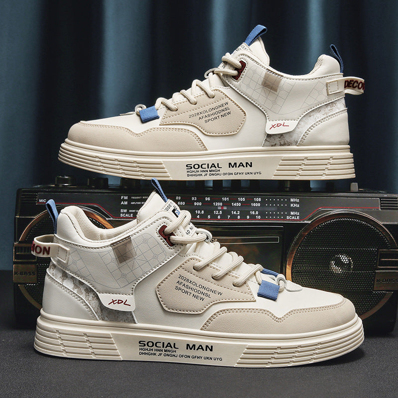 Sapatos masculinos de primavera de cano alto, sapatos desportivos casuais de lona branca respiráveis, sapatos versáteis e modernos