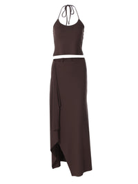Conjunto europeu e americano de verão transfronteiriço, conjunto de duas peças de saia comprida de cor justa e sexy na moda, justo e sensual, camisola pequena de cor sólida e saia longa de duas peças para mulheres