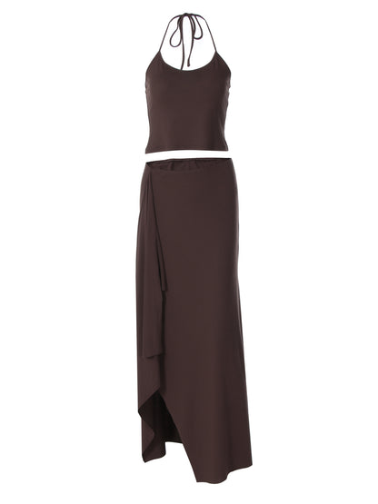 Conjunto europeu e americano de verão transfronteiriço, conjunto de duas peças de saia comprida de cor justa e sexy na moda, justo e sensual, camisola pequena de cor sólida e saia longa de duas peças para mulheres