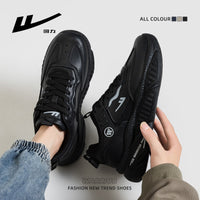 Sapatos Warrior de pele sólida com sola grossa, sapatos pretos de outono de topo baixo e estável, ténis desportivos para homens fáceis de usar e respiráveis