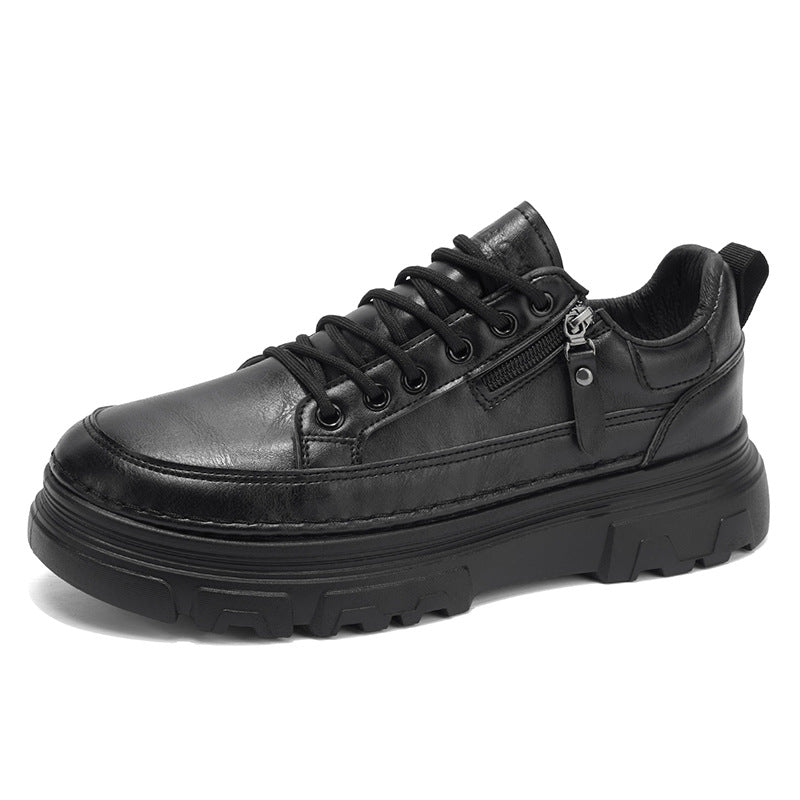 Sapatos de Homem 2025 Novos Outonais Sapatos de Couro Business Casual Britânicos Desportivos Desportivos de Sola Grossa Sapatos Martin Pretos de Cano Baixo