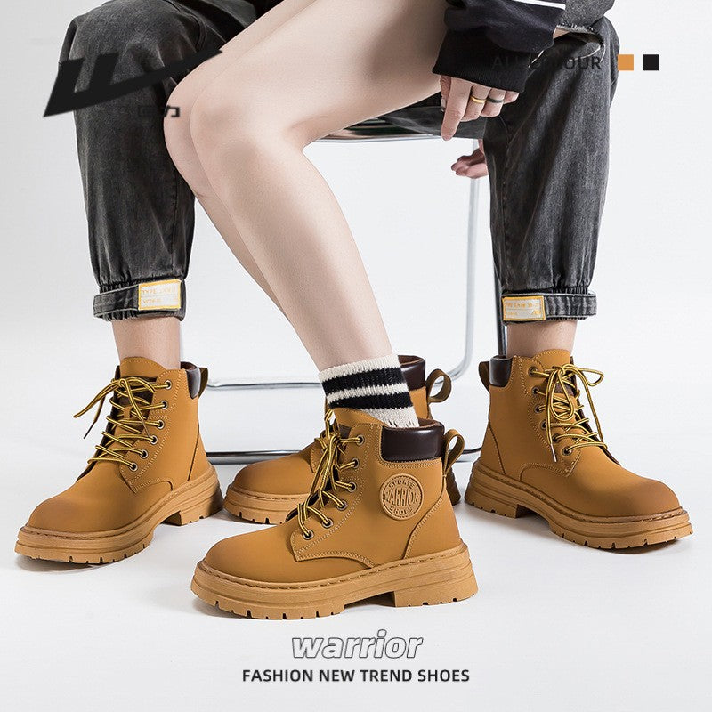 Warrior, cor sólida, botas Martin simples de cano alto, casal neutro para casal, botas amarelas grandes e com atacadores, sapatos unissexo versáteis com atacadores