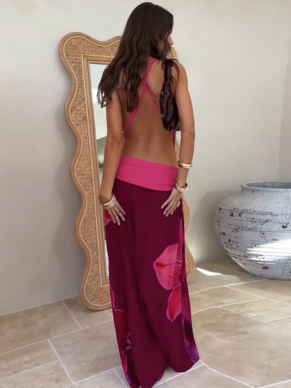 2026, verão europeu e americano, novo conjunto de vestido longo estampado com gola sling e gola sling sem costas, sexy de malha fina, estampado para mulheres