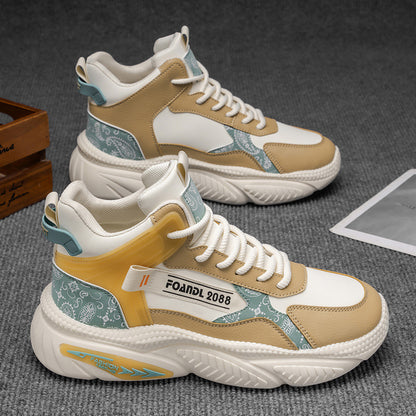 Sapatos masculinos de cano alto, novos sapatos desportivos juvenis de basquetebol de outono 2025, corrida casual, ténis de pai com sola grossa que aumentam a altura e na moda