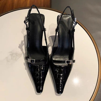 Novas sandálias de salto alto com bico pontiagudo e padrão europeu e americano para mulheres, salto agulha, sapatos elegantes de costas sem costas fechadas, estilo europeu e americano