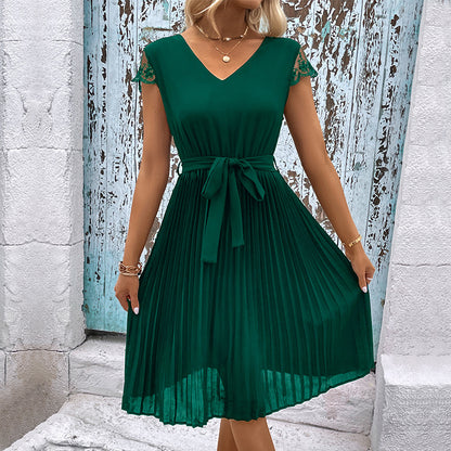 Amazon Vestido Feminino Transfronteiriço de Comércio Externo 2024 Novo Vestido Feminino Transfronteiriço Europeu e Americano em Retalhos de Cor Sólida Plissado