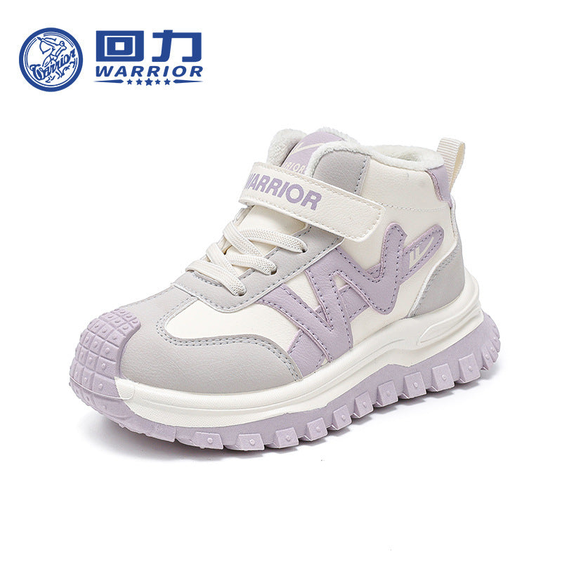 Sapatos versáteis de algodão color-block da Warrior Fashion, velcro infantil, sapatos desportivos casuais fáceis de deslizar, sapatos quentes forrados a lã