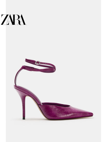ZARA 2026 Verão Novo Sapatos Femininos Mules de Salto Alto com Tira no Tornozelo e Bico Fino 2268710 080