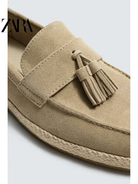 ZARA 2026 Verão Novo Sapatos Masculinos com Bordado de Penas, Mocassins Casuais de Couro Estilo Náutico 2651720 002