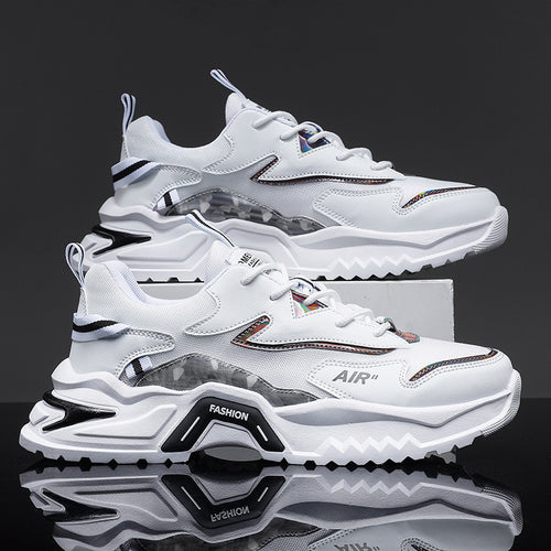 Sapatos masculinos, primavera versátil para jovens de corrida casual, sapatos desportivos de sola grossa para homem, sapatilhas de pai branco para homens na moda