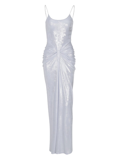 Vestido longo de ajuste longo elegante, elegante para mulheres europeias e americanas maduras, plissado e torcido, com punhos, com punhos altos e pregueado