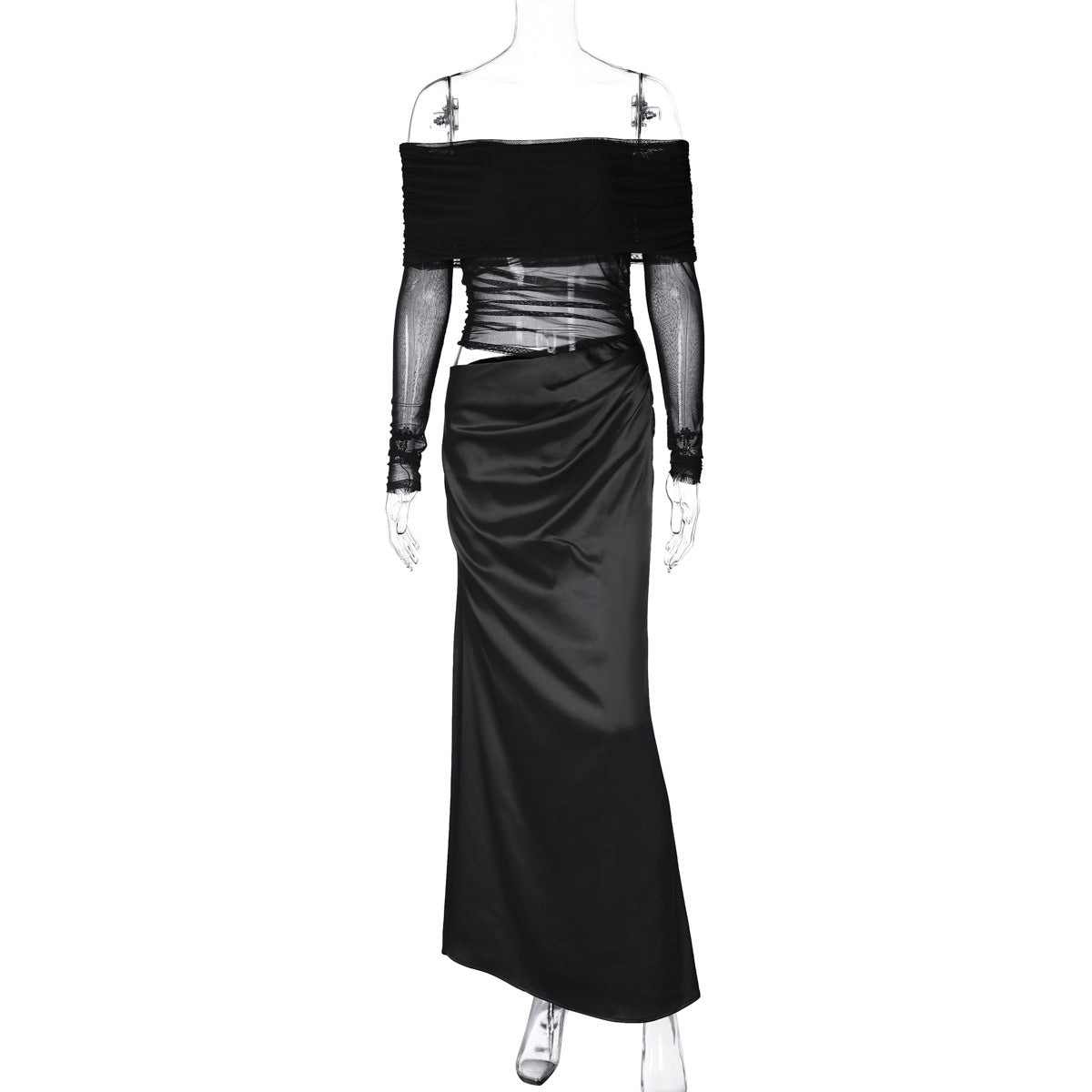 Vestido sensual de moda europeia e americana 2026 de verão 2026, vestido de malha de rede de manga longa e ombros descobertos, oco e slim