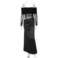Vestido sensual de moda europeia e americana 2026 de verão 2026, vestido de malha de rede de manga longa e ombros descobertos, oco e slim