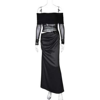 Vestido sensual de moda europeia e americana 2026 de verão 2026, vestido de malha de rede de manga longa e ombros descobertos, oco e slim
