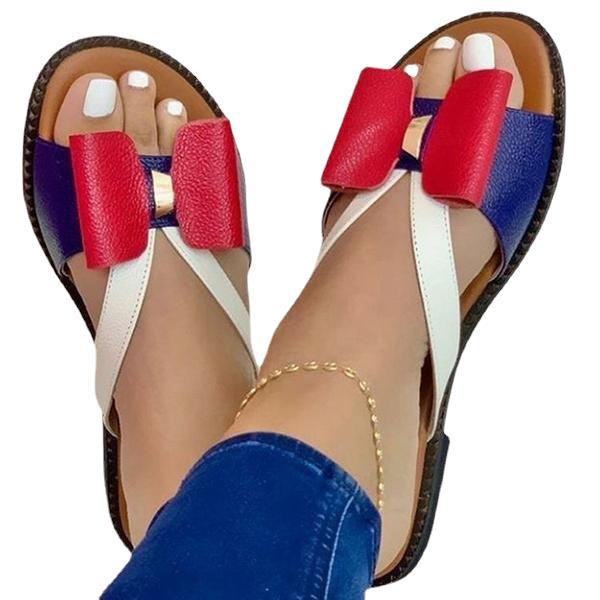 Primavera/Verão 2025 Novas Sandálias de Mulher com laço de bloco de cor plano, sapatos femininos de exportação plus size, estilo europeu e americano