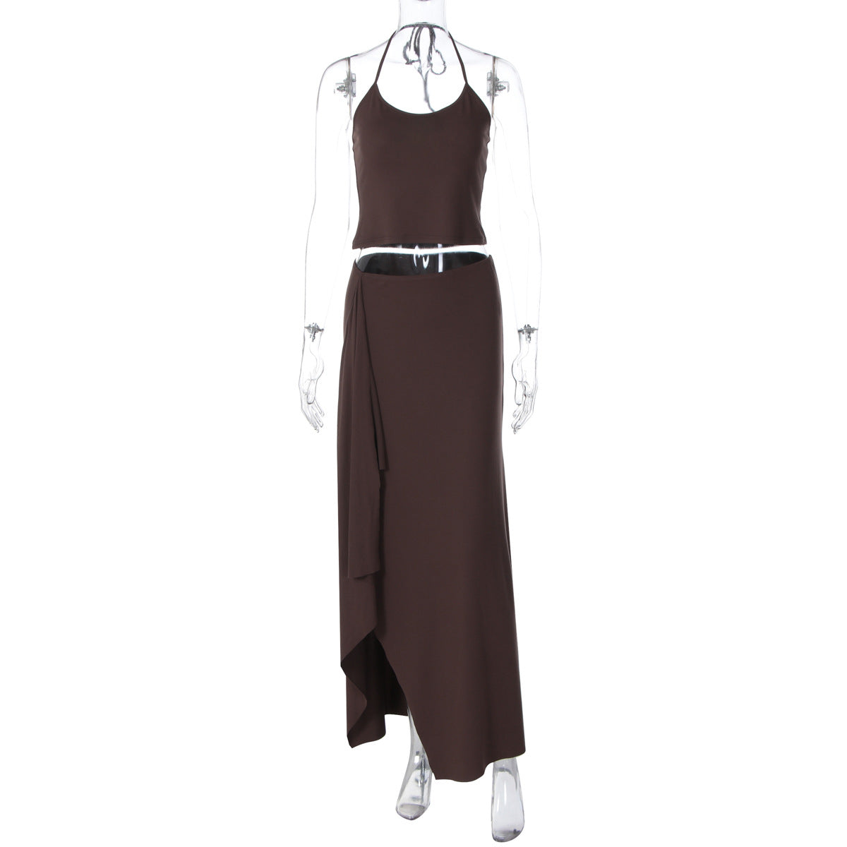 Conjunto europeu e americano de verão transfronteiriço, conjunto de duas peças de saia comprida de cor justa e sexy na moda, justo e sensual, camisola pequena de cor sólida e saia longa de duas peças para mulheres