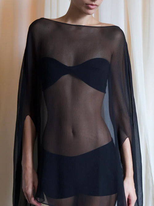 Novo top de estilo urbano transfronteiriço europeu e americano, camisola translúcida e versátil sexy para mulheres, capa de chiffon plus size