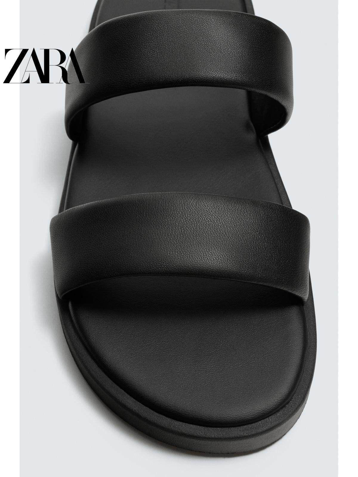 ZARA 2026 Primavera/Verão Novos Sapatos Masculinos Sandálias Rasteiras de Praia em Couro Preto com Tiras 2710720 800