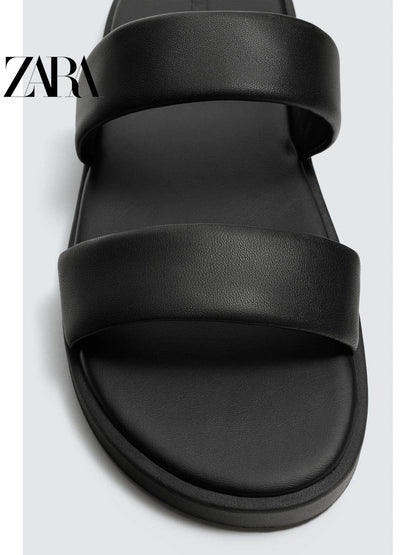 ZARA 2026 Primavera/Verão Novos Sapatos Masculinos Sandálias Rasteiras de Praia em Couro Preto com Tiras 2710720 800