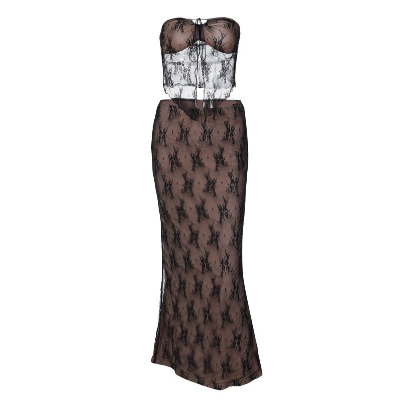 Novo conjunto de vestido de comprimento médio mais vendido de renda em renda e retalhos sexy, na Europa e nos Estados Unidos, dropshipping