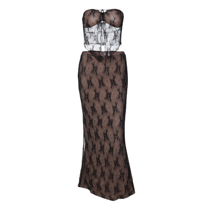 Novo conjunto de vestido de comprimento médio mais vendido de renda em renda e retalhos sexy, na Europa e nos Estados Unidos, dropshipping