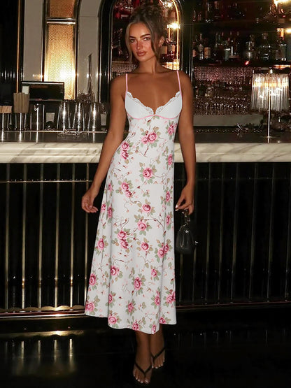 Comércio estrangeiro, nova moda transfronteiriça, europeia e americana, estampado floral, sexy com decote em V, renda, vestido longo e fresco