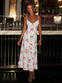 Comércio estrangeiro, nova moda transfronteiriça, europeia e americana, estampado floral, sexy com decote em V, renda, vestido longo e fresco