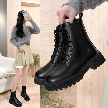 Botas femininas: Botas de salto redondo com salto redondo de salto médio, sapatos femininos em couro verniz coreano de outono 2025, botas Martin confortáveis