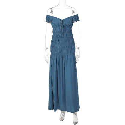 Moda francesa, europeia e americana transfronteiriça, novo vestido sexy de mangas plissadas com decote em V, slim fit, textura e textura fresca
