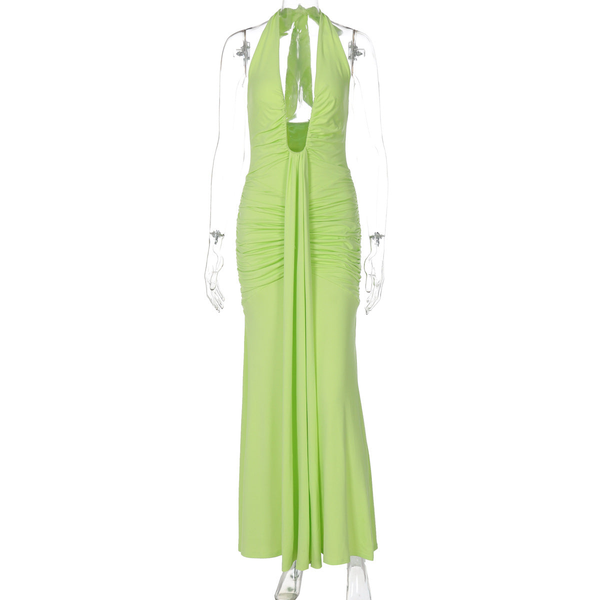Vestido atravessado de vendas novas na Europa e América, vestido sexy de decote oco, decote oco, sem costas, fino, plissado, com alças remendadas e alças para mulheres