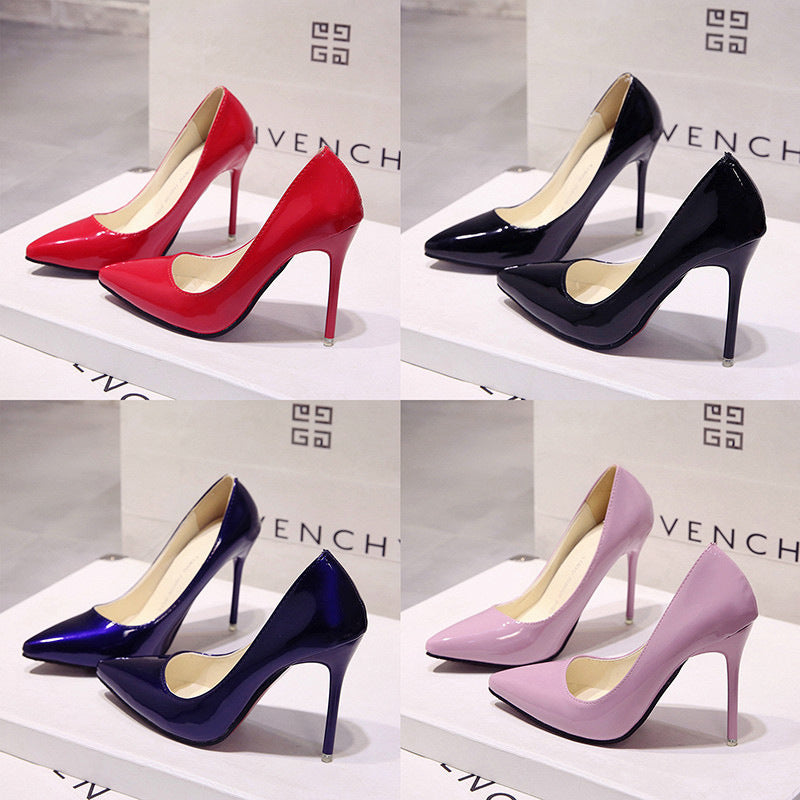 Saltos altos altos European Station Nude Stilet, sapatilhas de trabalho pretas com bico pontiagudo, sapatos plus size azuis em verniz feminino, sapatos vermelhos de casamento
