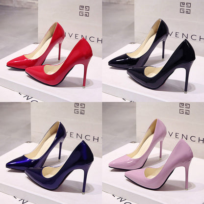 Saltos altos altos European Station Nude Stilet, sapatilhas de trabalho pretas com bico pontiagudo, sapatos plus size azuis em verniz feminino, sapatos vermelhos de casamento