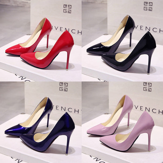 Saltos altos altos European Station Nude Stilet, sapatilhas de trabalho pretas com bico pontiagudo, sapatos plus size azuis em verniz feminino, sapatos vermelhos de casamento