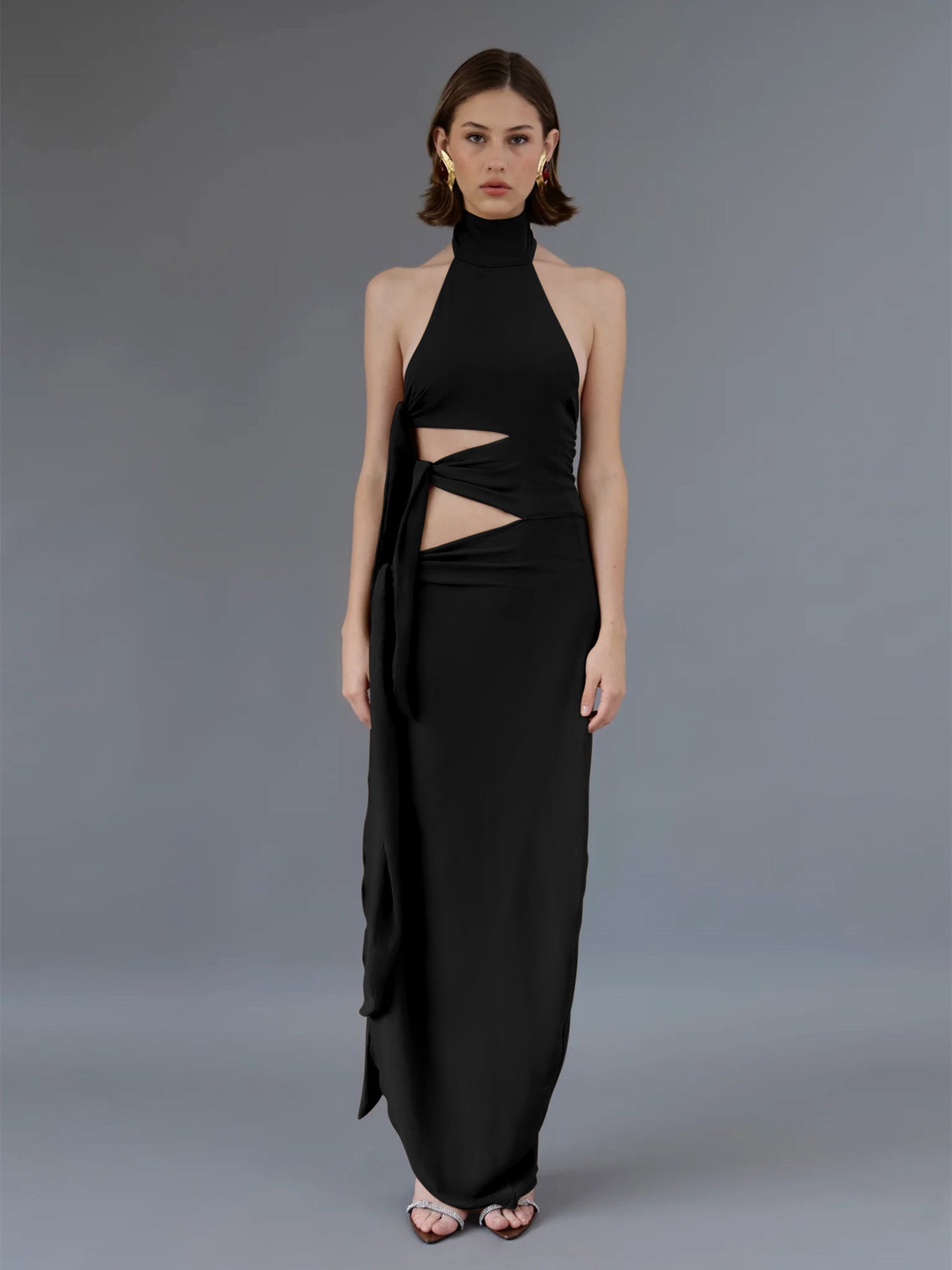 Vestido atravessado Amazon, ao estilo europeu e americano, novo, sexy, de retalhos sem costas sem costas, com abertura longa, vestido halter para mulheres
