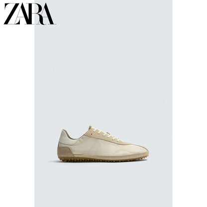 Sapatos masculinos ZARA, lançamento da coleção verão 2026, com detalhes em camurça, modelo retrô com cadarço e design leve (código: 2365720 102).